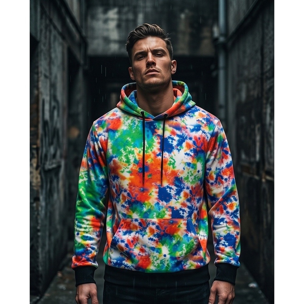 G-Net Men's L Tie Dye‎ Hoodie Multicolor Psychedelic Pullover Sweatshirt Grunge
